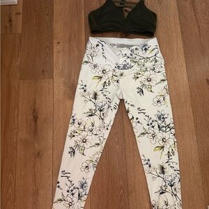 Victoria's Secret White Floral High-Rise Leggings with Navy & Olive Accents